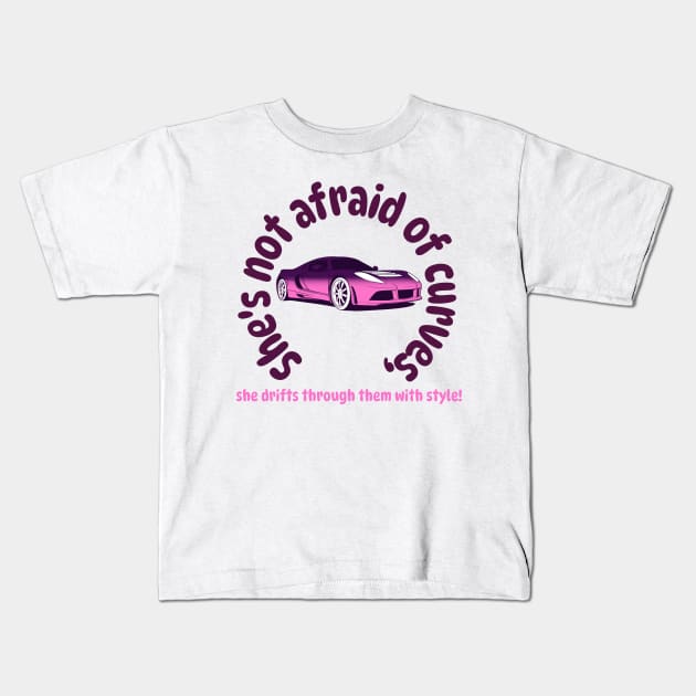 She's not afraid of curves, she drifts through them with style! Kids T-Shirt by softprintables